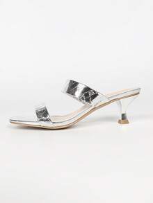 Chic Night‑Out Silver Metallic Diamond‑Embossed Dual Strap Slide Heeled Sandals, Square Toe Slip‑On Flared Mid‑Heel Club Date Footwear - Silver - View 8