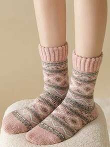 5 Pairs Random Women's Autumn/Winter Thickened Fleece Terry Retro Comfortable Warm Mid-Calf Socks - Multicolor - View 9