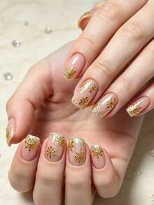 24PCS Christmas Gentle Nude Snowflake Press‑On Nails, Clear Nude Base With Golden Snowflake Print On Nail Tips, Versatile False Nails For Commute & Banquet - Gold - View 4