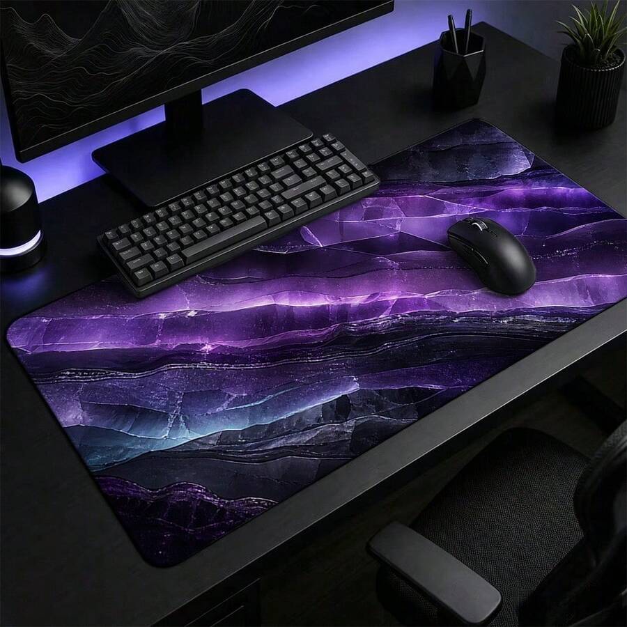 Amethyst Crystal Large Mouse Pad, Dark Gaming Desk Mat With Violet Mineral Strata, Smooth Control Mousepad Artwork For Wide Setups - View 1