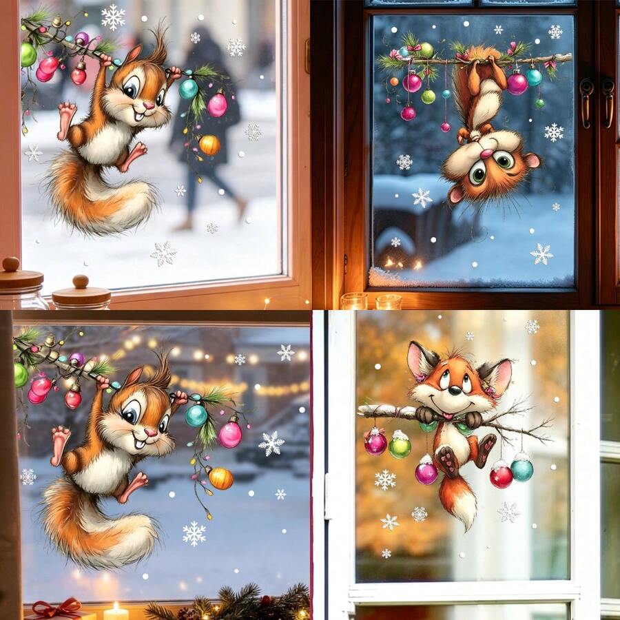1/3pcs Christmas Squirrel Fox Window Decal, Cute Cartoon Animal Branch Pattern, Reusable Window Sticker, Suitable For Living Room, Kitchen, Store Windows And Christmas Party Decorations - Multicolor - View 1