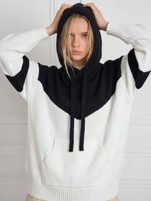 1pc Contrast Color Drawstring Long Sleeve Casual Hooded Sweater, Daily Versatile Elegant Fashion Pocket Colorblock Knit Top, Black - Black - View 8