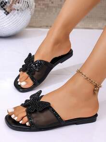 1 Pair Women's Plus Size Black Mesh Rhinestone Bow Flat Sandals Elegant Fairy Style Fashionable Comfortable Versatile Outdoor Wear Slippers - Black - View 1