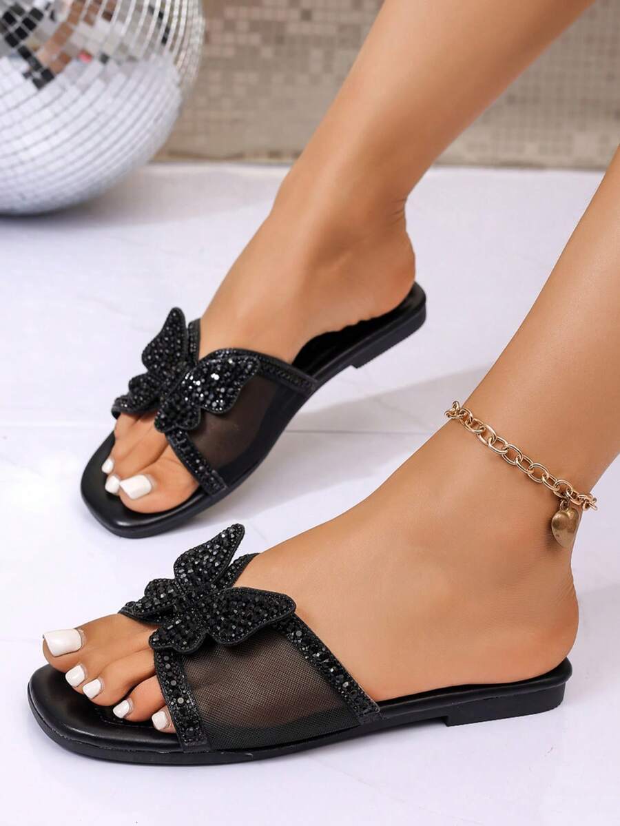 1 Pair Women's Plus Size Black Mesh Rhinestone Bow Flat Sandals Elegant Fairy Style Fashionable Comfortable Versatile Outdoor Wear Slippers - Black - View 1