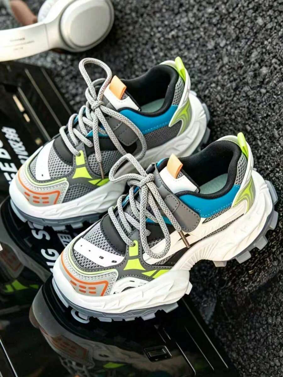 1 Pair Kids' Unisex Colorblock Chunky Sneakers, Lace-Up & Hook-And-Loop Closure, Thick Sole Anti-Slip Wear-Resistant Casual Running Sneakers - Light Grey - View 1