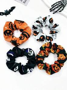 4pcs Halloween Themed Women Fashion Accessories: Made Of Elegant Fabric Printed With Pumpkin, Skull And Spider Web Patterns. Suitable For Hair Styling, Both For Going Out And Daily Wear. - Multicolor - View 4