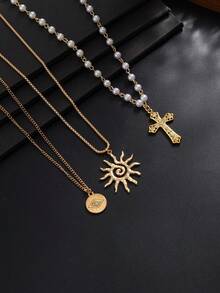 3pcs/Set Autumn Gothic Style Layered Necklace, Pearl Sun Evil Eye Cross Pendant, Back To School Party Men's Gift Neck Accessory - Gold - View 4