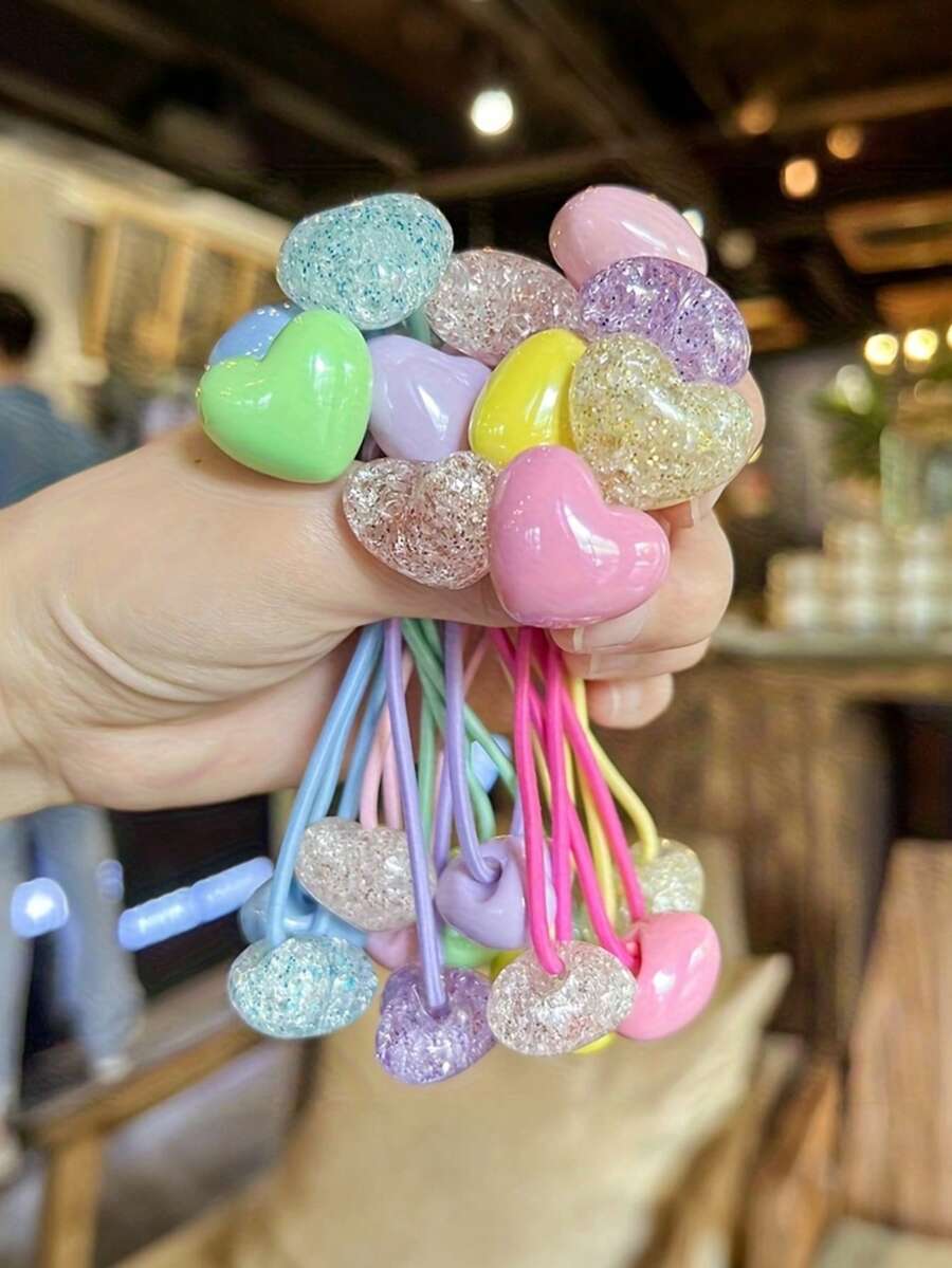 1/6/12Pcs Multicolor Glitter Heart Hair Ties, Sweet Elastic Ponytail Bands, Cute Sparkly Hair Accessories For Daily Wear & Parties - Multi-color_A - View 1
