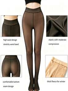 1 Pair Women's Black Thermal Lined Tights, Minimalist Leggings, Suitable For Various Occasions - Black - View 7