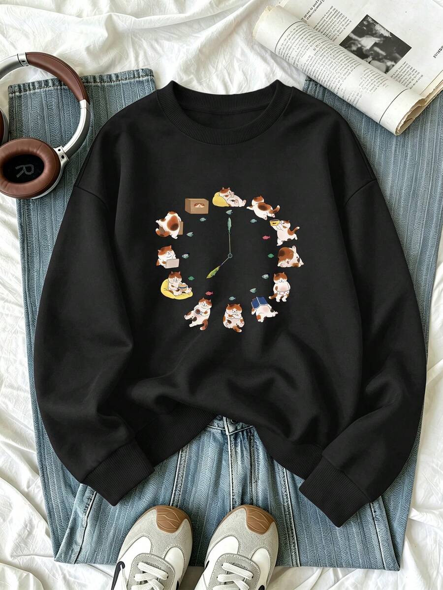 大尺碼女款圓領運動衫,貓咪與時鐘印花,休閒簡約,適合秋冬穿著,女上衣 - 黑色 - 查看 1