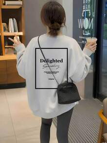 Niche Minimalist Small Letter Slogan Print Crew Neck Sweatshirt, Solid Beige, Versatile Commuter Inner Layer Or Outer Wear, Pullover Autumn Sweatshirt - Off-white - View 1