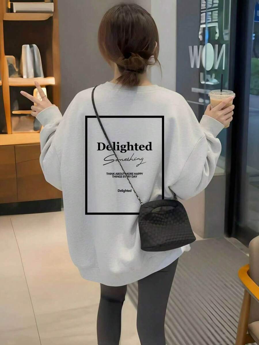 Niche Minimalist Small Letter Slogan Print Crew Neck Sweatshirt, Solid Beige, Versatile Commuter Inner Layer Or Outer Wear, Pullover Autumn Sweatshirt - Off-white - View 1