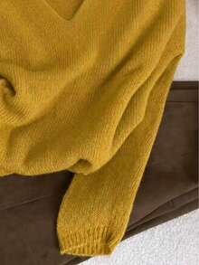 Women's Spring Autumn V-Neck Thin Loose Soft Cozy Slouchy Minimalist Versatile Fashion Solid Color Knit Top Outerwear Base Layer Daily Outfit - Ginger - View 2