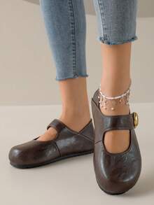 Gold Buckle Double Strap Mary Jane Shoes, Solid Color Versatile Flat Shoes With Metal Buckle And Rounded Toe, Suitable For Daily Wear - Coffee Brown - View 5