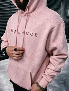 Men's Loose Drop Shoulder Distressed Washed Hoodie Sweatshirt, Autumn/Winter Brain & Heart Line Print Vintage Kangaroo Pocket Pullover - Pink - View 2