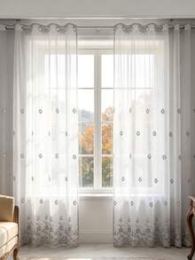 1pc Grey Tone Heavy Embroidery Premium Embossed Sheer Curtain, Grommet Style European Bedroom Balcony Bay Window Translucent Voile Curtain - Multicolor - View 11