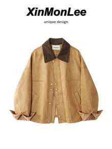 Vintage Versatile Colorblock Lapel High-End Short Suede Jacket, Slimming Casual Travel Daily Elegant Autumn/Winter - Khaki - View 1