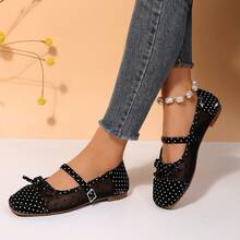 Women's Black Polka Dot Bow Mesh Patchwork Flat Mary Jane Shoes With Buckle Decor - Black - View 7