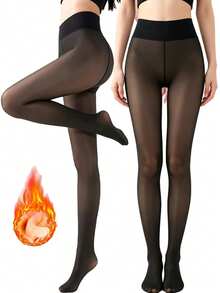 1 Pair Women's Black Thermal Lined Tights, Minimalist Leggings, Suitable For Various Occasions - Black - View 1
