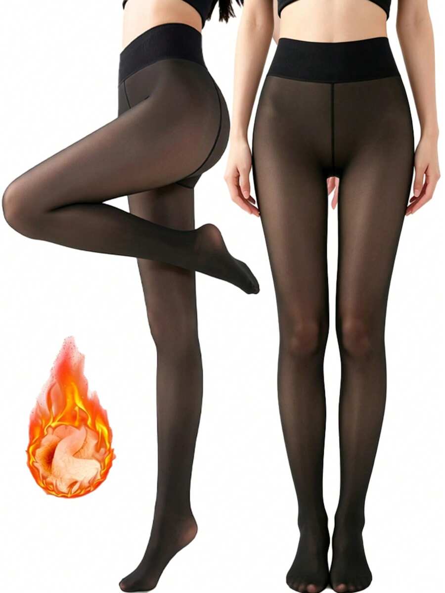 1 Pair Women's Black Thermal Lined Tights, Minimalist Leggings, Suitable For Various Occasions - Black - View 1
