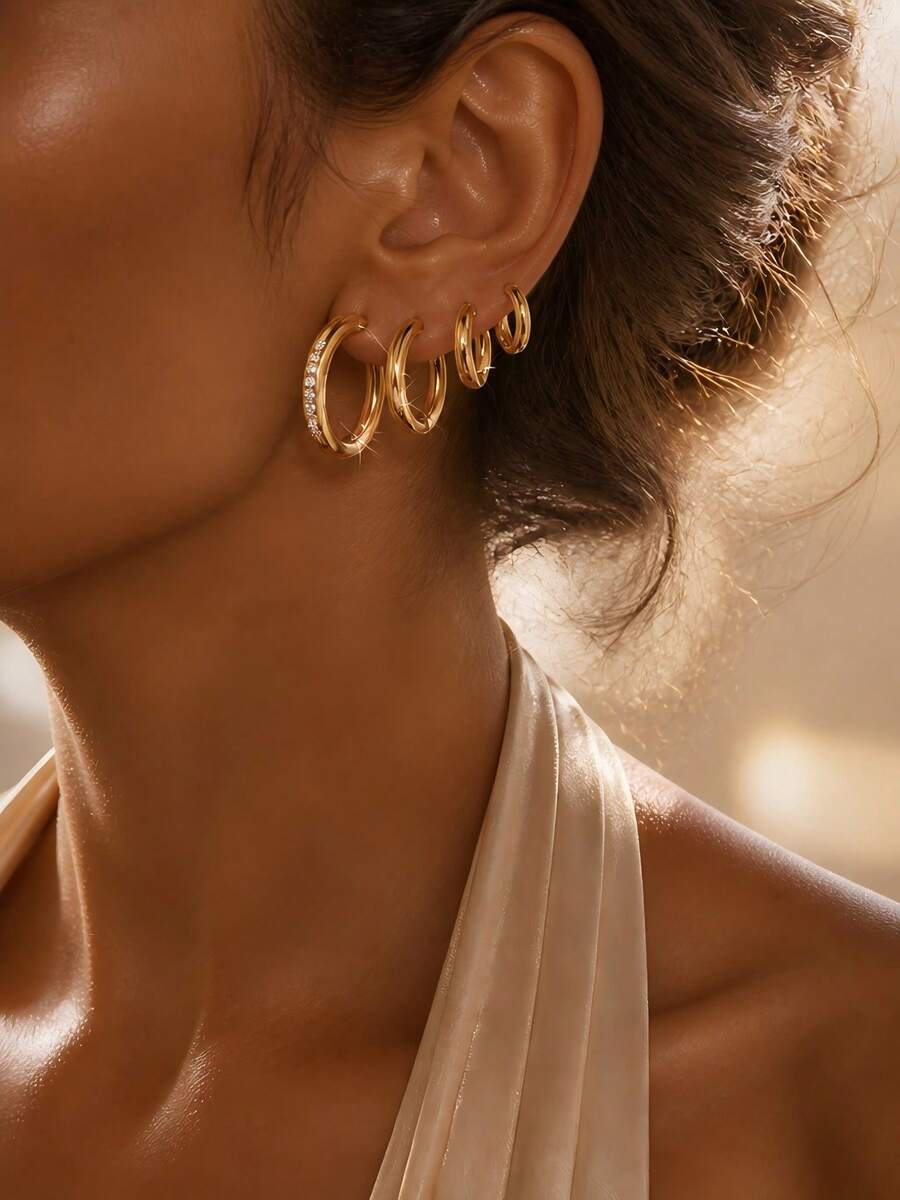 VceTd 4 Pairs Classic Style Geometric Design Stainless Steel Hoop Earrings For Women, Suitable For Daily Wear - Yellow Gold - View 1