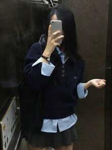 Autumn/Winter Sweater Design Layered Shirt 2-In-1 Long Sleeve Knit Cardigan - Navy Blue - View 10