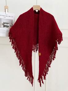 1件女款純色羊毛混紡針織保暖優雅女士風三角披肩圍巾，適合購物、旅行、外出，秋冬雪季適用 - 多色帶鬚 - 查看 17