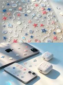 1pc Ocean Style Shell & Starfish Decorative Sticker With Tweezers, Conch Coral Pearl Chain Pattern, Fresh Atmosphere Digital Shell Decor Sticker For Phone And Laptop - Ocean Style - View 6