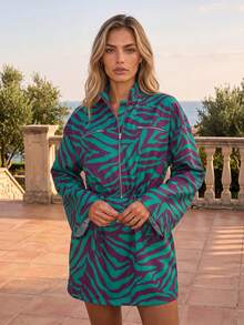 Dancing Leopard Green Zebra Print Toggle Waist Mini Dress, Everyday Weekend Wear - Multicolor - View 1