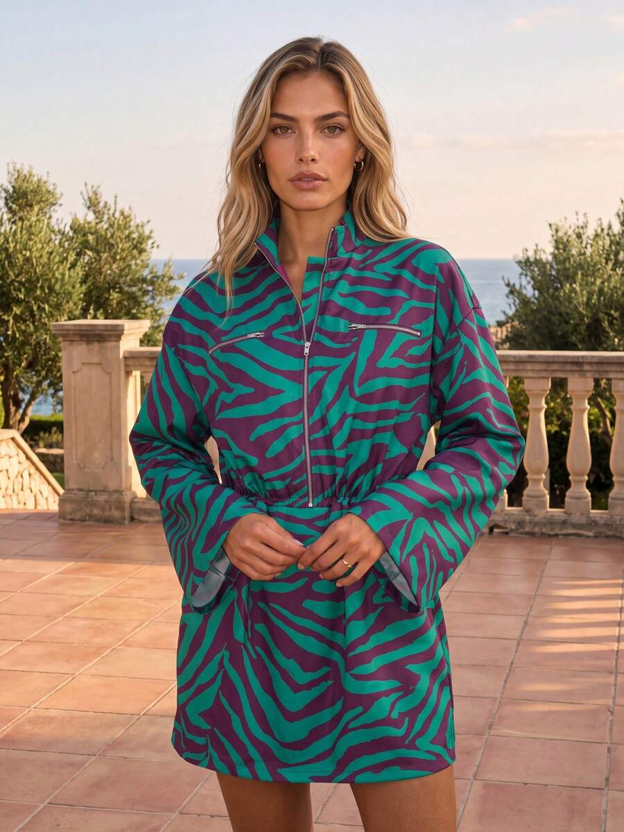 Dancing Leopard Green Zebra Print Toggle Waist Mini Dress, Everyday Weekend Wear - Multicolor - View 1