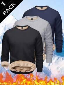 Men's Casual Warm Thermal Lined Crew Neck Sweatshirt, Black Sports Style For Autumn/Winter - Black - View 10