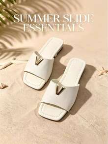 2026 New Square Toe Slide Sandals With Snake Skin Pattern Insole, Perfect For Summer Outfits With Jeans And Dresses - White - View 5