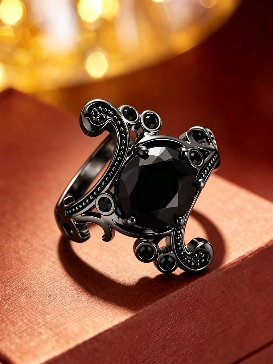 1pc New Gothic Vintage Hollow Exquisite Ring, Round Large Black Scroll Floral Pattern Hollow Band, Unique Niche Women's Fashion Accessory - Ring - View 1