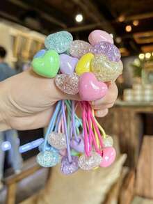 1/6/12Pcs Multicolor Glitter Heart Hair Ties, Sweet Elastic Ponytail Bands, Cute Sparkly Hair Accessories For Daily Wear & Parties - Multi-color_A - View 8