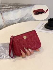 Women's Red Quilted Leather Wristlet Wallet Zip Around Card Holder Clutch Coin Purse With Gold Flower Charm - Red - View 7