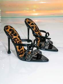 Women's Black Butterfly Rhinestone Decor High Heel Mule Sandals, Glamorous Party Sandals - Black - View 2