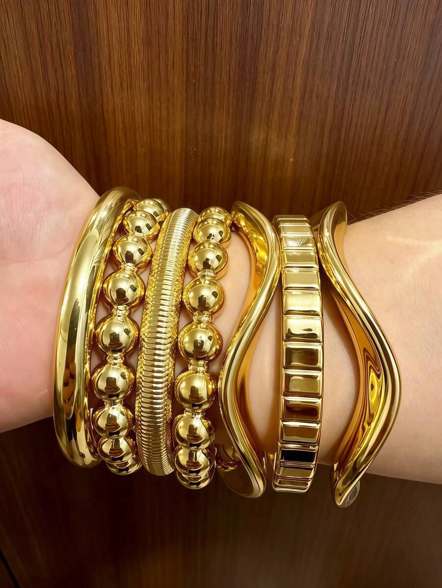 7pcs Premium Metallic Glossy Irregular Shape Bracelets, Versatile Gold Bangles, Niche Design Accessories - Gold - View 1