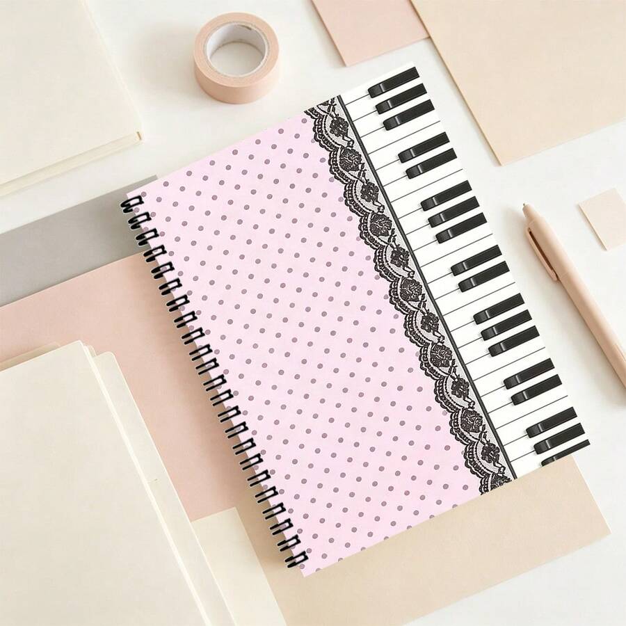 1pc A5 Spiral Bound Notebook, Cute Pink Polka Dot And Piano Keyboard Cover, High-Quality Paper, Smooth Writing, Durable Cover, Suitable For Work And Office, Back To School Essential. School Notebook - Lined Book - View 1