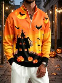 Men's Halloween Bat & Pumpkin Print Half-Zip Stand Collar Sweatshirt - Multicolor - View 3