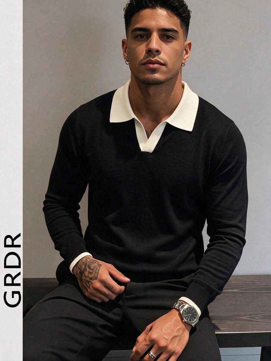 GRDR 男士秋冬針織毛衣，純色長袖翻領設計，適合秋冬外出與旅行，時尚必備