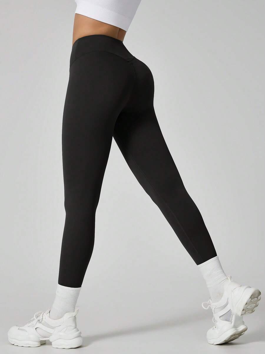 NcmRyu Women's 1pc Solid Color High Waist Minimalist Butt-Flattering Tummy Control Running Workout Leggings, Autumn/Winter - Black - View 1