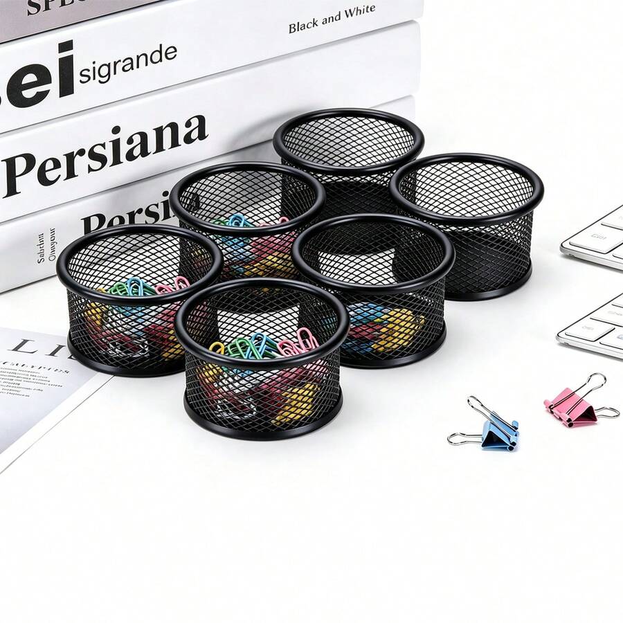 Round Black Desktop Storage Box Metal Paper Clip Holder Small Cylinder Storage Tube Office Stationery Box Multi-Function Pen Holder Push Pin Box Desktop Stationery Storage Container Office Desk Accessories Organizer Suitable For Paper Clips, Push Pins And Small Items - Multicolor - View 1