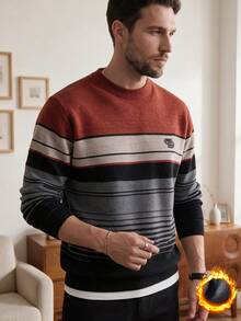 Red Men's Winter Thick Chenille Striped Knit Sweater - Red - View 3
