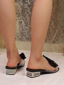 Women's Summer Elegant Bow Decor Square Toe Low Heel Mule Slippers With Metal Rhinestones, Open Toe One-Strap Outdoor Slides - Black - View 5