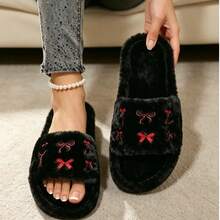 Women's Plush Open Toe Slippers, Red Bow Embroidery Decor, Warm & Non-Slip, Suitable For Indoor Bedroom Home Wear - Black - View 4