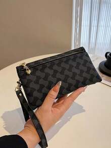 Women's Double Zipper Wristlet Wallet Clutch – Designer Monogram Phone Pouch, Card Holder & Coin Purse With Gold Heart Charm, Elegant Wrist Strap - Black - View 5