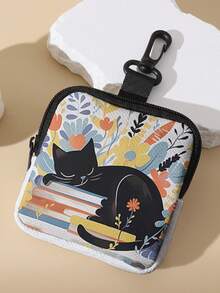 1/2pcs ,Cat & Books Floral Print Mini Coin Purse,Zipper Closure Small Pouch With Swivel Hook For Earphones Coins Tiny Accessories,Can Hang On Backpack - Multicolor - View 4