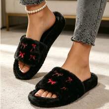 Women's Plush Open Toe Slippers, Red Bow Embroidery Decor, Warm & Non-Slip, Suitable For Indoor Bedroom Home Wear - Black - View 6