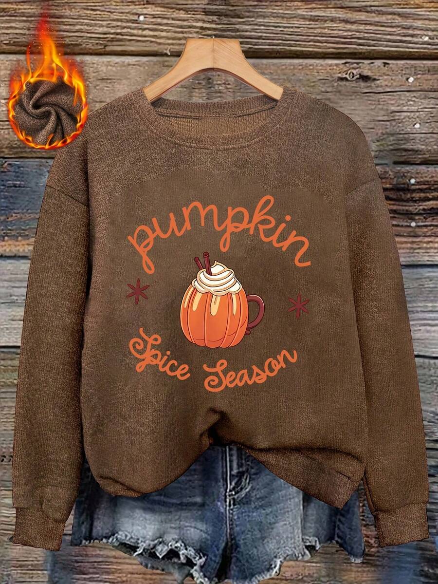 Plus Size Women's Autumn Pumpkin Pattern Crew Neck Long Sleeve Casual Brown Faux Sweatshirt Sweatshirt - Brown - View 1