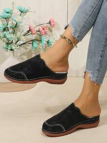 Women's Thermal Lined Closed Toe Wedge Heel Thick Sole Black Slip-On Comfortable Mule Slippers - Black - View 2